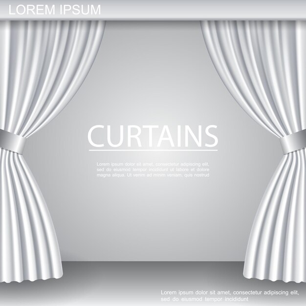 White luxurious elegant opened curtains template on theater stage in realistic style illustration