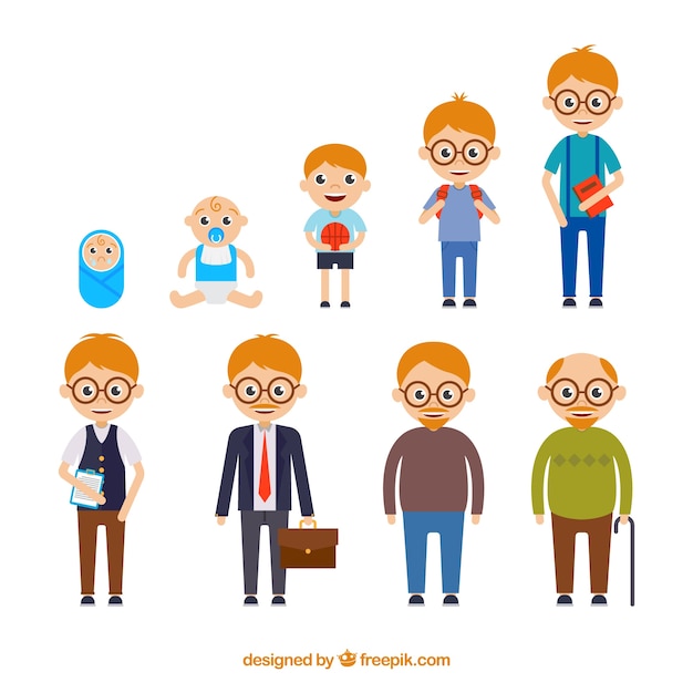 Free vector white man in different ages with flat design