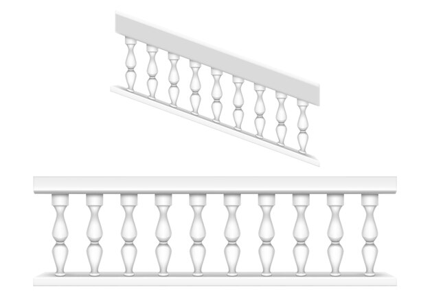 발코니, 현관 또는 정원을위한 흰색 대리석 난간 및 고전적인 로마 스타일의 계단 난간. 바로크 식 돌 난간, 기둥이있는 난간, 기둥이있는 골동품 울타리의 현실적인 세트