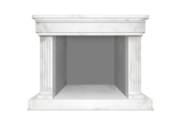 고전적인 스타일의 가정 인테리어를 위한 흰색 대리석 벽난로. 흰색 배경에 격리된 벽기둥과 빈 벽난로가 있는 돌 프레임의 난로의 벡터 현실적인 그림
