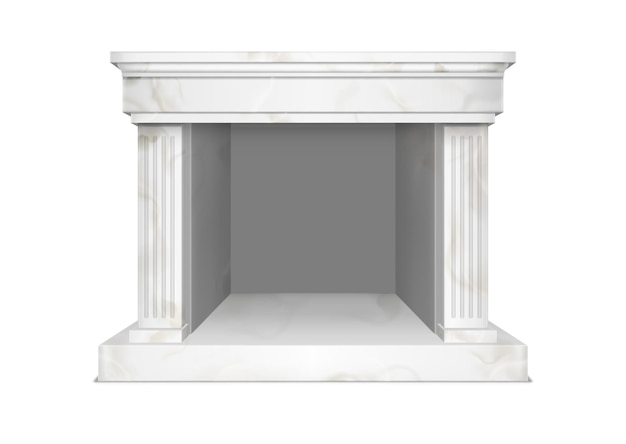 Free vector white marble fireplace for home interior in classic style. vector realistic illustration of hearth in stone frame with pilasters and empty mantelpiece isolated on white background