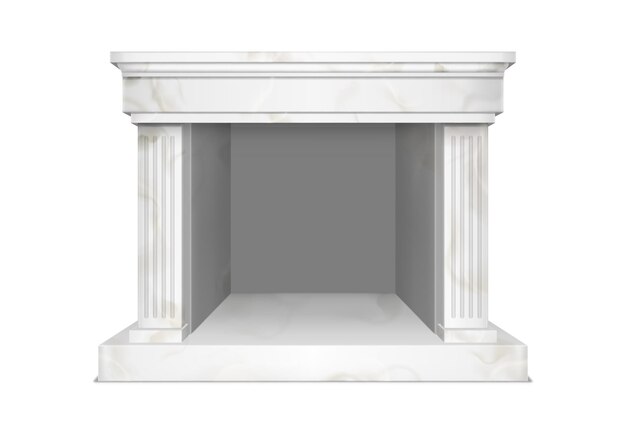 White marble fireplace for home interior in classic style. Vector realistic illustration of hearth in stone frame with pilasters and empty mantelpiece isolated on white background