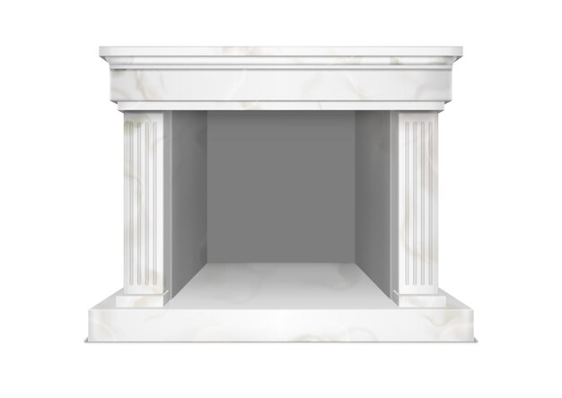 クラシックなスタイルの家のインテリアのための白い大理石の暖炉。白い背景で隔離のピラスターと空のマントルピースと石のフレームで炉床の現実的なイラストをベクトルします。