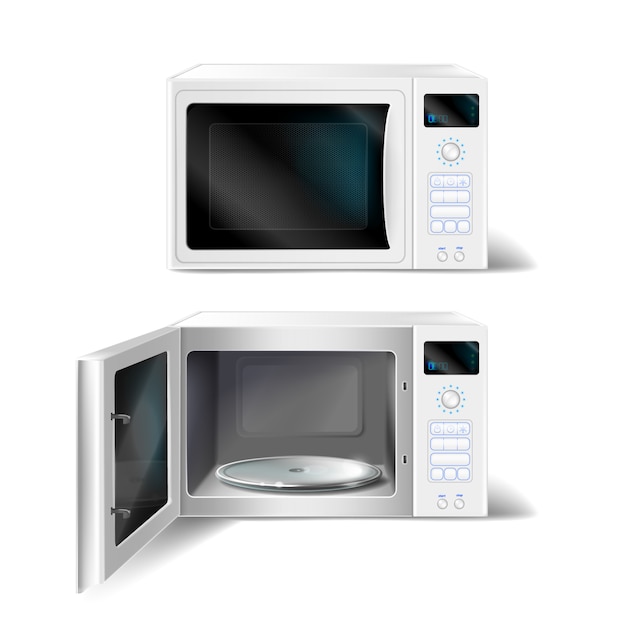 White microwave oven with empty glass plate inside, with open and close door