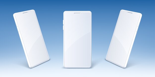 빈 화면 앞에 흰색 휴대 전화 및 투시도. 현대 스마트 폰의 현실적인 모형. 프리젠 테이션 디지털 스마트 장치, 전자 가제트 용 템플릿