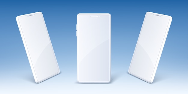 Белый мобильный телефон с пустым экраном спереди и в перспективе. реалистичный макет современного смартфона. Шаблон для презентации цифрового смарт-устройства, электронного гаджета