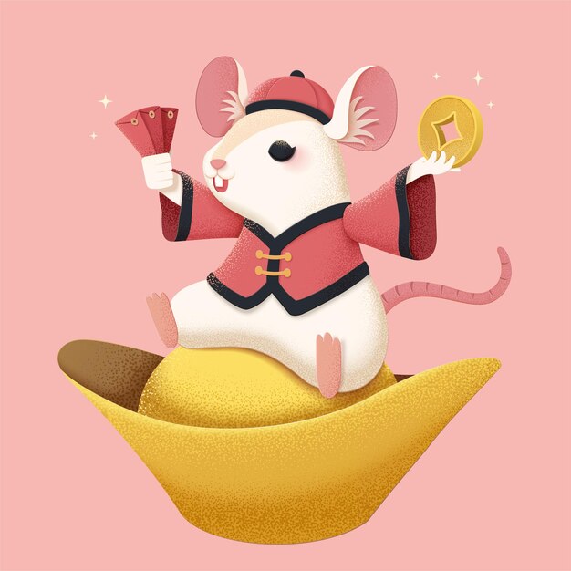 White mouse sitting on gold ingot and holding red packet over pink background