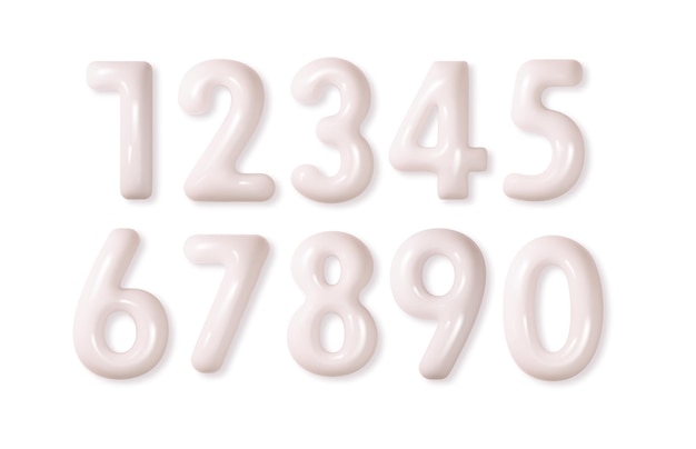 Vettore gratuito numeri bianchi gonfiati set pastello lucido da 0 a 9 numeri vettoriali realistici 3d isolati dal palloncino