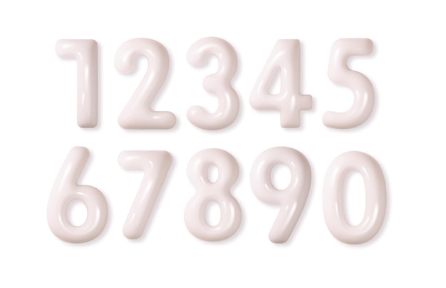 White numbers inflated pastel glossy set from 0 to 9 isolated 3d realistic vector numbers from balloon