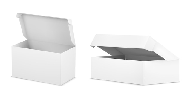 Free vector white open cardboard box mockup angle view