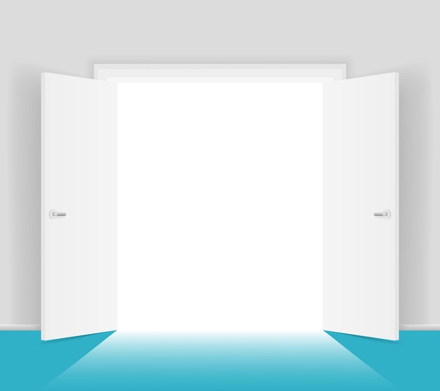 Free vector white open doors isolated illustration. shining light from doorway. opening to freedom