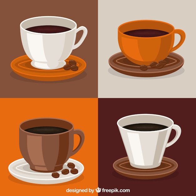 Коллекция чашек белого и оранжевого кофе
