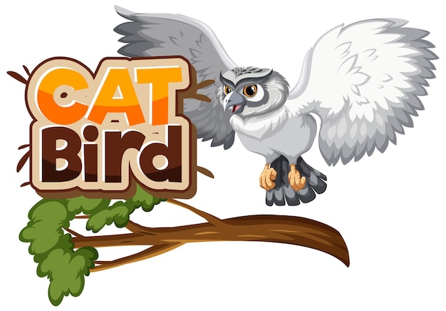 Free vector white owl on branch cartoon character with cat bird font