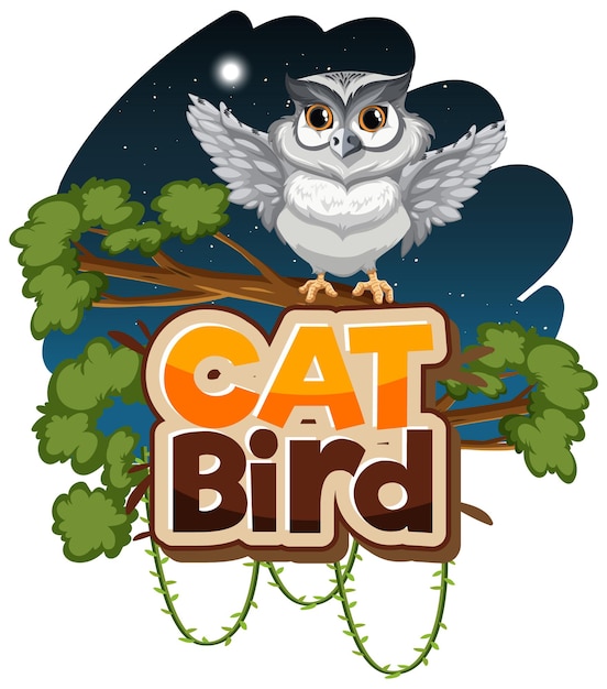 Free vector white owl cartoon character at night scene with cat bird font banner isolated