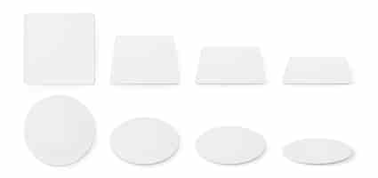 Free vector white paper coasters for beer mug. vector realistic mockup of blank square and circle beermat in top view. bierdeckel for cup or cardboard mat different shapes and angles isolated on white background.
