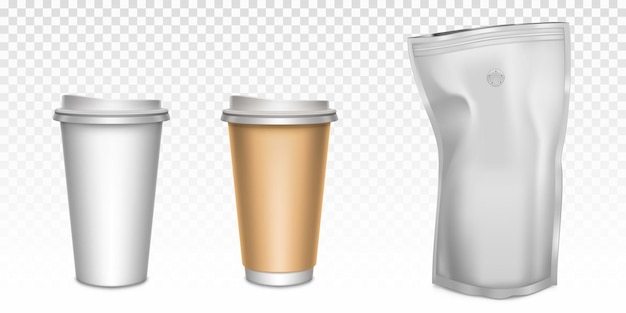 White paper cups for tea and coffee and foil zip lock bag with degassing valve