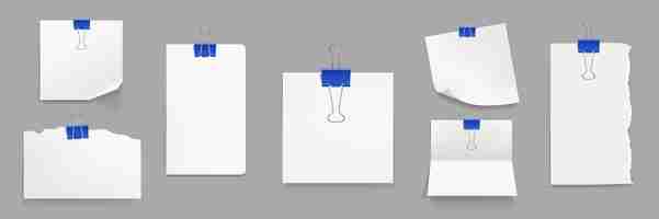 Free vector white paper sheets with blue binder clips