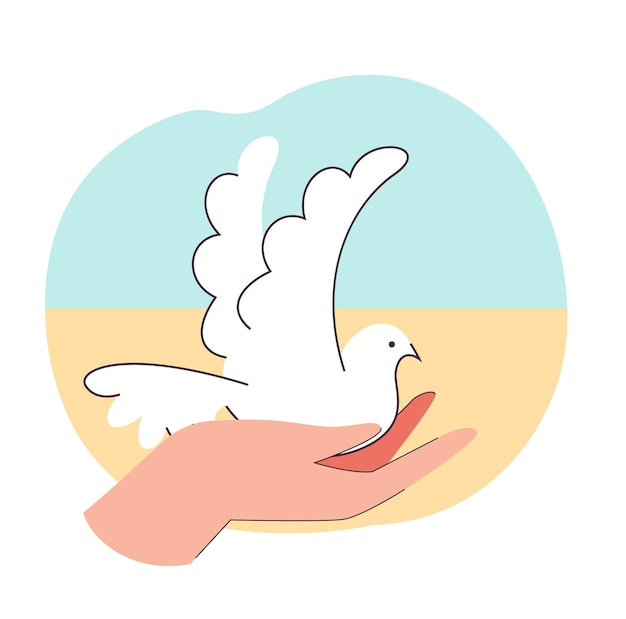 White peace dove in human hand flat vector illustration. Flying pigeon in background of Ukraine flag. Freedom, support, help concept for banner, website design or landing web page