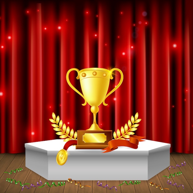 Free vector white pedestal with awards  streamers on floor realistic composition on background of red sparkling curtain