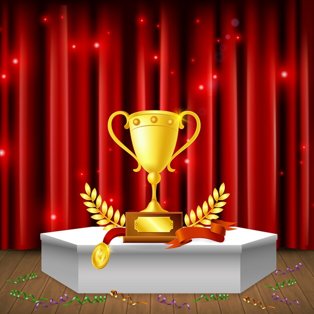 White pedestal with awards  streamers on floor realistic composition on background of red sparkling curtain