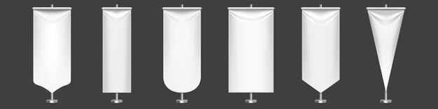 White pennant flags different shapes on metal stand.