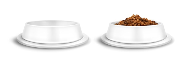Free vector white pet bowls, empty and full of food plate for dog or cat