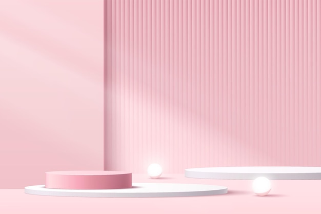 White, pink cylinder pedestal podium with shadow. geometric platform. abstract pink minimal wall scene. glowing neon sphere ball. vector rendering 3d geometric shape for product display presentation.