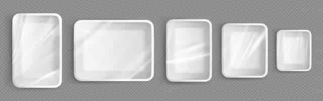 Бесплатное векторное изображение Белые пластиковые лотки для пищевых контейнеров из пенополистирола