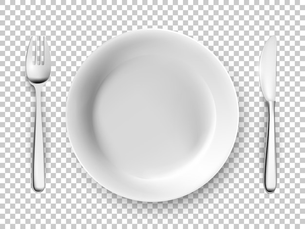 Белая тарелка, вилка, нож, набор столовых приборов, пустая посуда на ужин, завтрак или обед, изолированные на прозрачном фоне