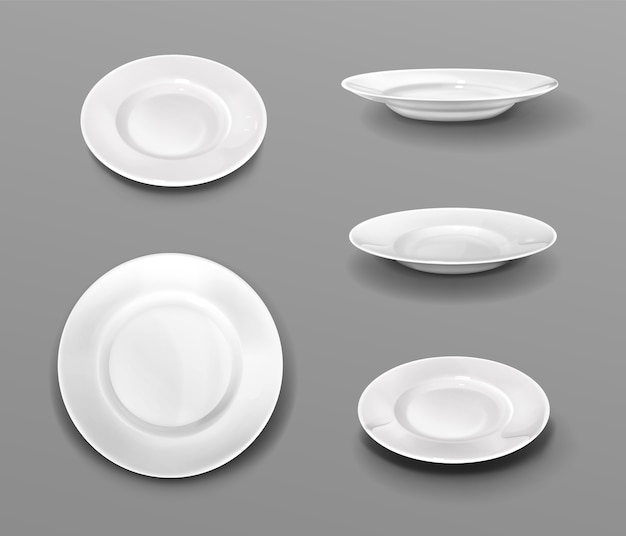White plates, realistic 3d ceramic dishes top and side view collection