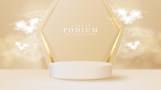 White podium display product and heart shape cloud with sparkle gold lines element, realistic 3d luxury style background, vector illustration for promoting sales and marketing.