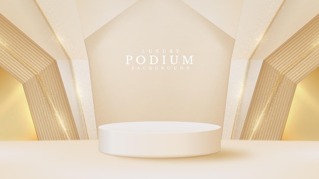 White podium display product and sparkle golden line scene, realistic 3d luxury style background, vector illustration for promoting sales and marketing.