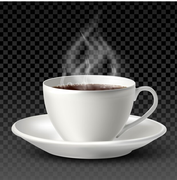 White porcelain cup with tea or coffee inside and a plate on white background.