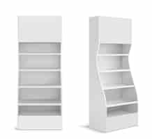 Vettore gratuito espositore pos bianco per prodotti in supermercato, negozio e negozio. vettore 3d realistico del rack di promozione in bianco con scaffali vuoti, vetrina di vendita al dettaglio isolata