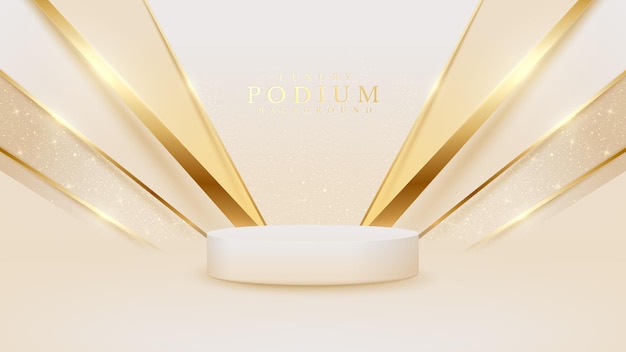 White product show podium with golden diagonal line and sparkling glittering light effects elements