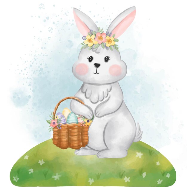 white rabbit carrying an Easter egg basket Watercolor illustration