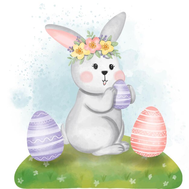 white rabbit holding an Easter egg Watercolor illustration