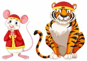 Free vector white rat and tiger wearing chinese hat