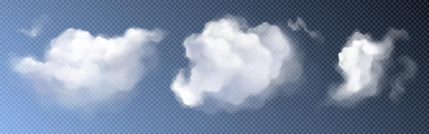 하늘 투명 벡터 세트에 흰색 현실적인 푹신한 구름 연기 격리된 적운 흐린 야외 환경 디자인 햇빛 빛이 있는 추상 자연 폭풍 공기 응축 텍스처 컬렉션