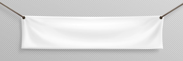 白い現実的なハング空白生地水平キャンバス バナー サイン ベクトル広告用ロープ上の透明な背景に分離された 3 d の空の繊維素材ポスター モックアップ セットぶら下げ布看板