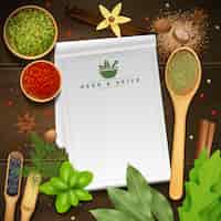 Free vector white recipe notepad on wooden background surrounded by various cooking herbs and spices