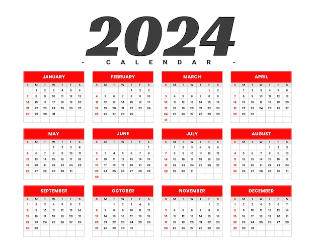 Free vector white and red 2024 wall calendar template schedule events vector