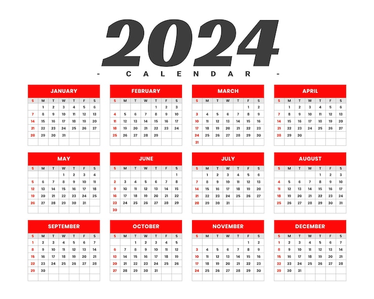 무료 Vector 흰색과 빨간색 2024 벽 달력 템플릿 일정 이벤트 벡터