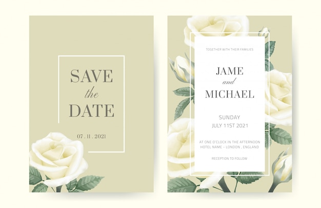 Белая роза свадебные приглашения минималистский стиль. белая рамка отделана розами. набор свадебных открыток.
