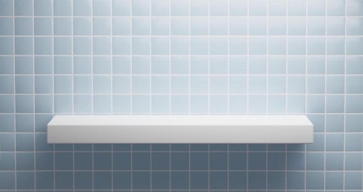 Free Vector white shelf on pastel blue wall with square tile