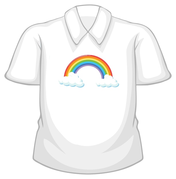 Una camicia bianca con motivo arcobaleno su sfondo bianco