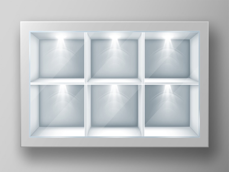 Free Vector white showcase with square shelves and glass