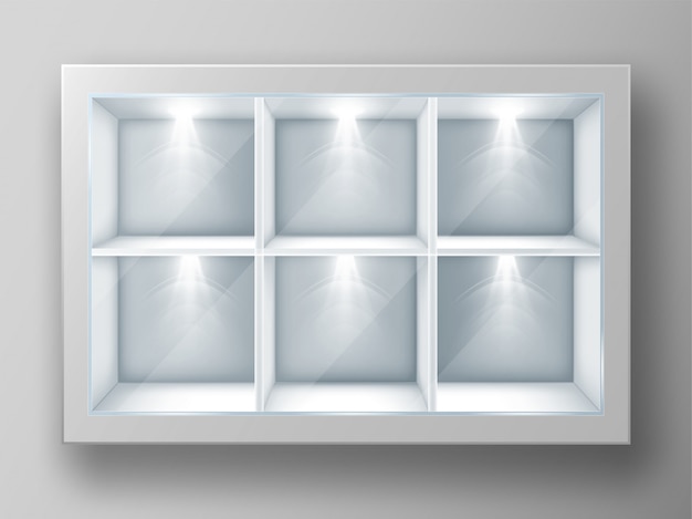 Белая витрина с квадратными полками и стеклом