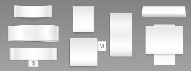 織物の白いサイズのラベル 綿の織物のタグ アイコン 孤立したデザイン 現実的な洗 ⁇ 指示とケアテキスト 空白モックアップテンプレート 3d長方形の縫った素材セット 情報イラスト