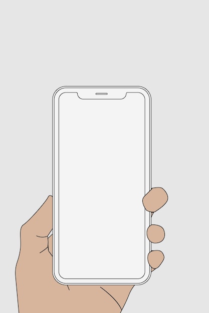 白いスマートフォン、手で保持された空白の画面、デジタルデバイスのベクトル図